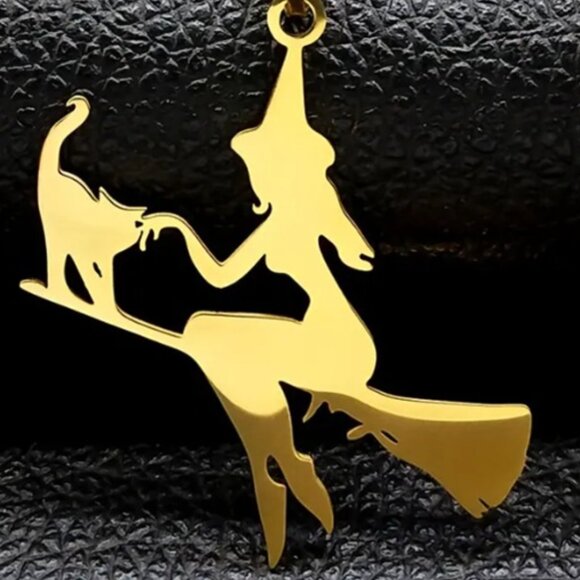Pure Magic a Witch Riding a Broom with her Cat Necklace - Stainless Steel - Gold - Picture 2 of 3